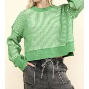NEW VERY J cropped stripe sweater in green